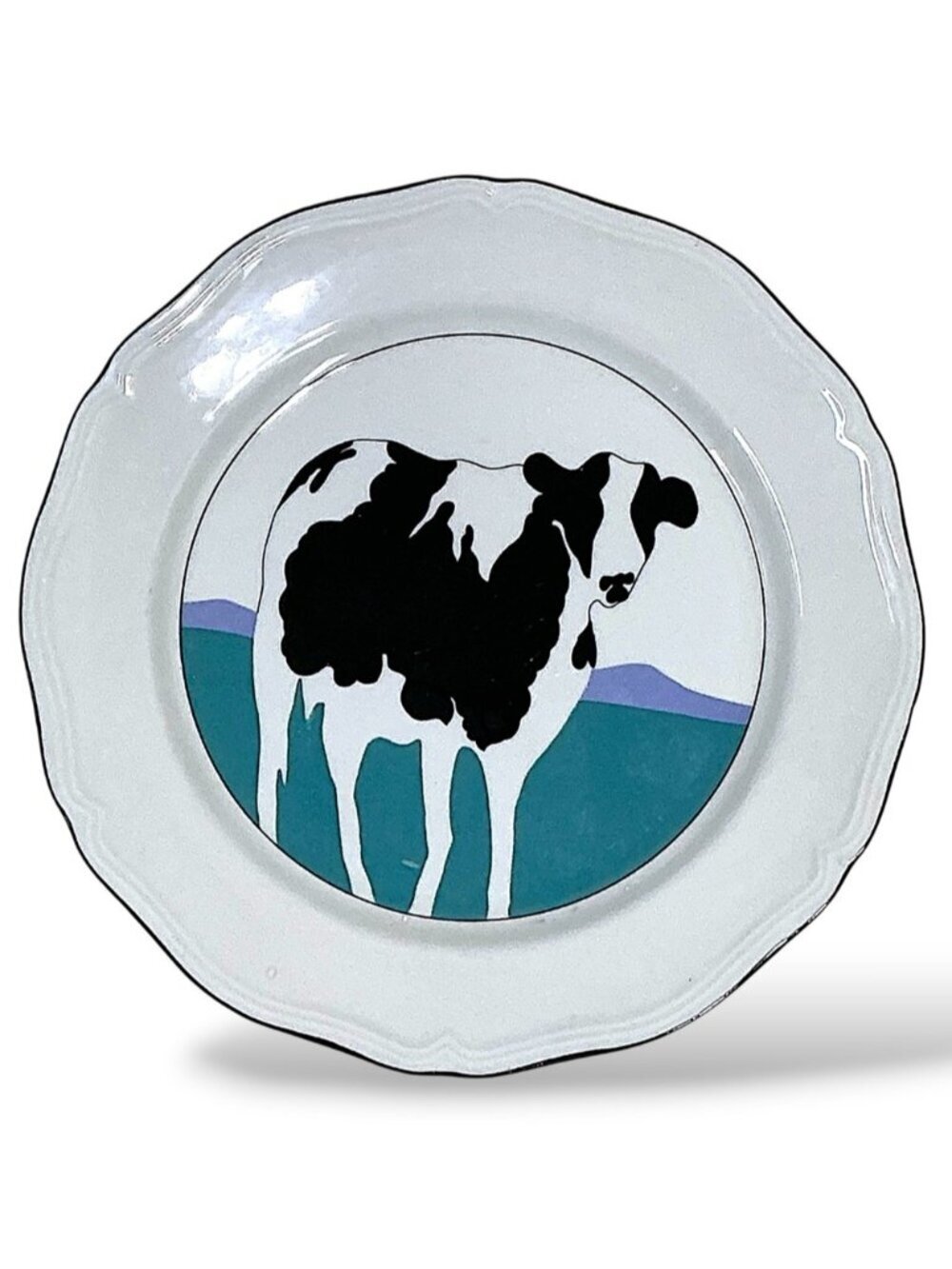 Hankook Korea Cow Plate Modern Farmhouse Vintage White Teal Lavender 9 1/2 inch